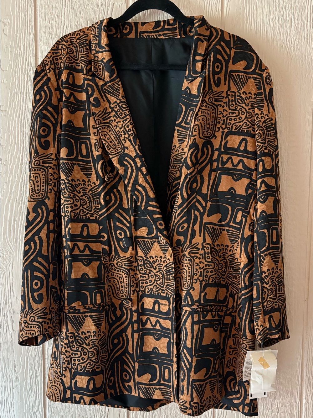 Vintage Ann May 100% Silk Eclectic Retro Blazer Size 16 Bronze Black Abstract